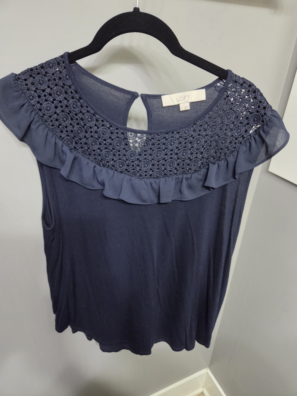 LOFT Navy Crochet Yoke Ruffle Sleeveless Camisole
